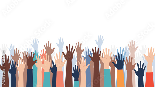 Diverse crowd of hands raised high in the air, representing voting, participation, community engagement, and collective action.