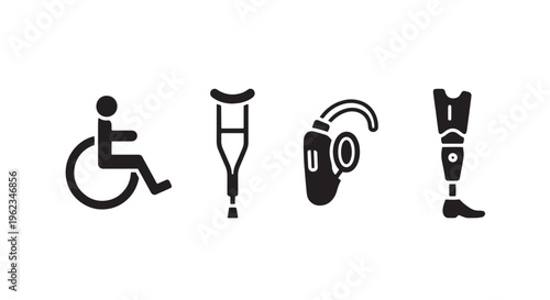 Accessibility Medical Icon Set with Wheelchair, Crutch, Hearing Aid, and Prosthetic Leg in One Row, Solid Black Simple
