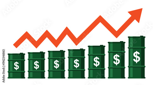 Rising oil prices and market growth indicated by dollar barrels and arrow