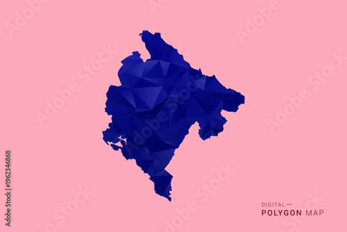 Montenegro Map - Low poly polygon map in deep blue gradient on soft pink pastel background, modern minimal geometric design, clean digital vector illustration.