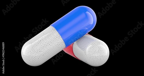 Medical capsule pills, rotation animation seamlessly loopable. 3D rendering isolated on transparent background