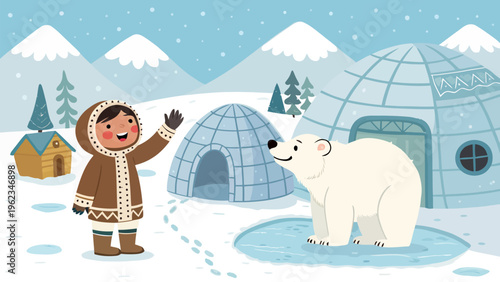 Inuit child waving at friendly polar bear in snowy arctic landscape with igloos and mountains