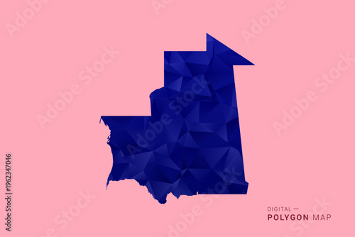 Mauritania Map - Low poly polygon map in deep blue gradient on soft pink pastel background, modern minimal geometric design, clean digital vector illustration.