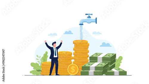 Happy businessman cheering next to towering stacks of coins and banknotes, with money flowing from a tap, symbolizing wealth creation and financial success.