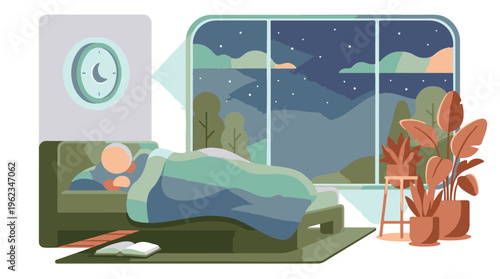 Cozy room at night with a sleeping person, plants, and a moon clock