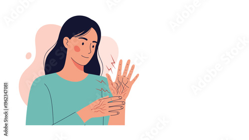 Woman looking at her hand with visible lines and pain symbols, possibly indicating joint pain, nerve issues, or a skin condition.