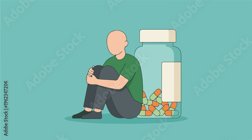 Depressed person sitting next to medication bottle, mental health concept
