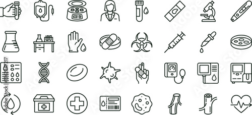 Blood diagnostics laboratory outline icon set with microbiology testing medical analysis symbols for healthcare apps dashboards interfaces presentations education materials