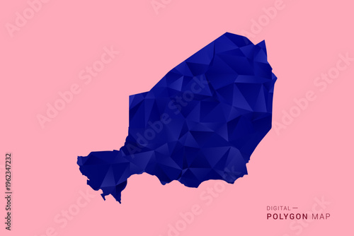 Niger Map - Low poly polygon map in deep blue gradient on soft pink pastel background, modern minimal geometric design, clean digital vector illustration.