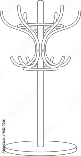 Clean line drawing vector icon of a versatile coat stand, also serving as a hat rack, designed with bentwood elements for home, office, and waiting room environments.