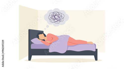 Woman in bed with tangled thoughts, illustrating stress, worry, and insomnia
