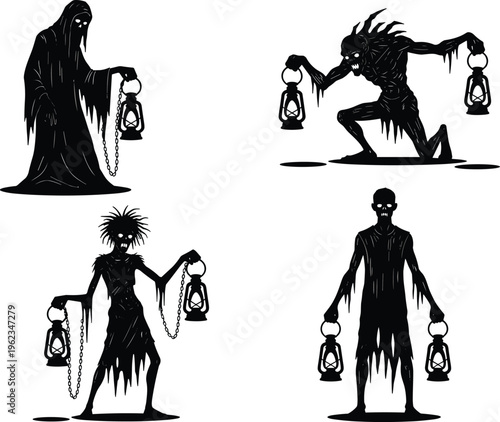 Dark silhouettes with lanterns, horror figures, occult theme, glowing eyes, supernatural entities, eerie shadows, mystical chains, ghostly presence, nightmare illustration