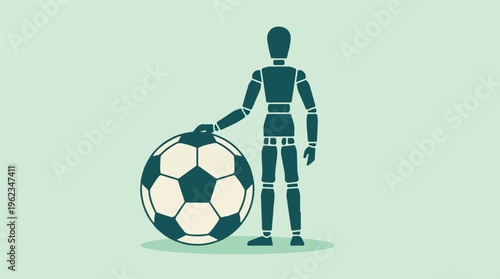Minimalist illustration of a wooden mannequin with a soccer ball on green background