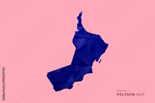 Oman Map - Low poly polygon map in deep blue gradient on soft pink pastel background, modern minimal geometric design, clean digital vector illustration.