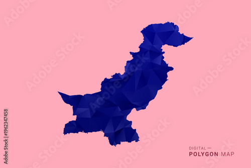 Pakistan Map - Low poly polygon map in deep blue gradient on soft pink pastel background, modern minimal geometric design, clean digital vector illustration.