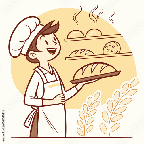 Friendly Baker Holding Fresh Bread Tray Vector Illustration