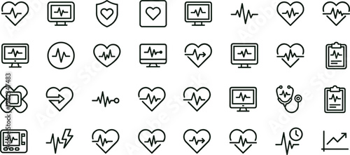 Heartbeat monitoring outline icon set with ECG cardiology waveform symbols for healthcare apps dashboards interfaces presentations medical analytics platforms