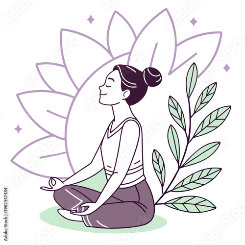 Gentle Yoga Pose Woman in Lotus Position Vector Illustration