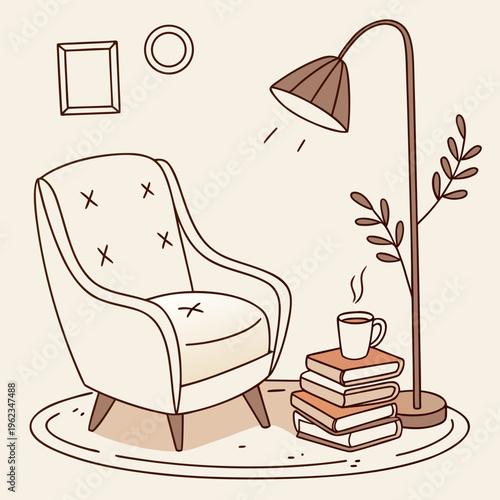 Cozy Reading Nook with Armchair Lamp and Books Vector Illustration