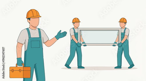 Construction Workers Team Carrying Window for Home Installation