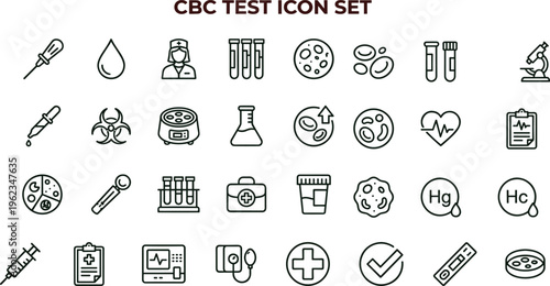 CBC test outline icon set with blood diagnostics laboratory analysis symbols for healthcare apps dashboards interfaces presentations education materials