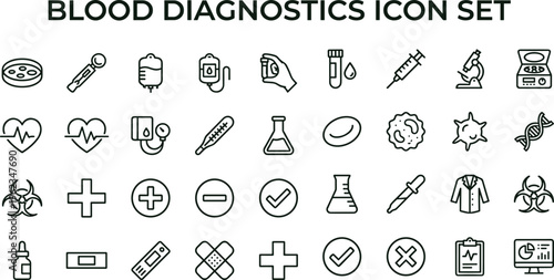 Blood diagnostics outline icon set with laboratory testing medical analysis symbols for healthcare apps dashboards interfaces presentations education materials