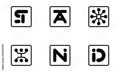 Abstract black and white vector icons set, showcasing geometric shapes and network patterns, ideal for modern technology, data, and digital communication.