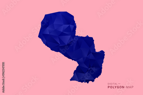Paraguay Map - Low poly polygon map in deep blue gradient on soft pink pastel background, modern minimal geometric design, clean digital vector illustration.