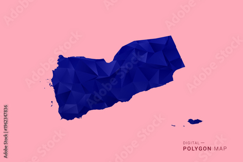 Yemen Map - Low poly polygon map in deep blue gradient on soft pink pastel background, modern minimal geometric design, clean digital vector illustration.