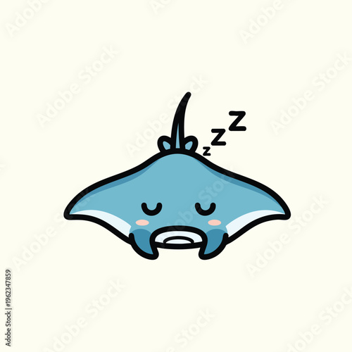 A cartoon-style illustration of a sleeping stingray, with closed eyes, rosy cheeks and 'Z's to show it's sleeping. It has rounded edges