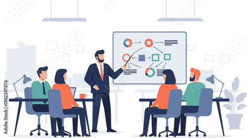 Business team meeting in modern office with presentation on whiteboard in flat design style for corporate branding