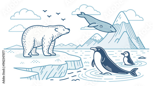 Arctic wildlife scene with polar bear whale penguins on ice floes amidst mountains and clouds