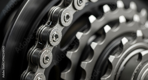 A close-up view of a bicycle chain and gears in sharp focus