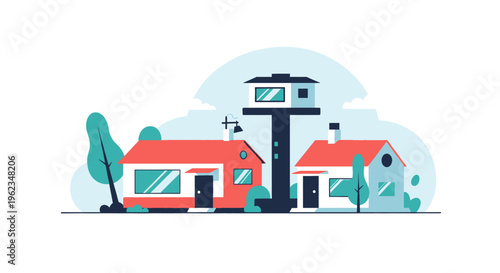 Modern Flat Design Illustration of Houses with Surveillance Tower - Residential Security Concept