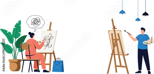 Creative Artists Working on Easels with Sketches and Paintings for Art and Inspiration Concept