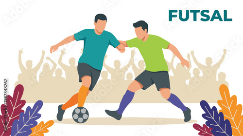 Dynamic illustration of futsal players competing with a cheering crowd