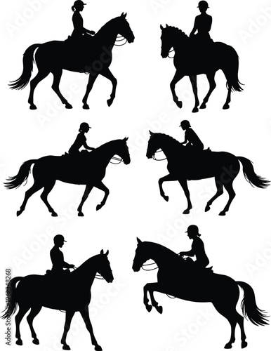 Horse rider silhouettes in motion, equestrian sport poses, horseback riding activity, dynamic horse movement, athletic equestrian icon design
