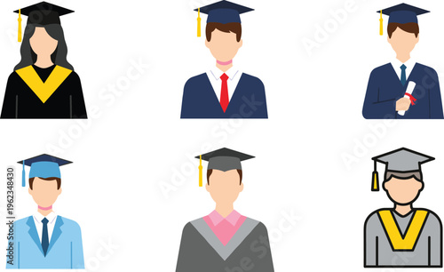 Graduation Student Avatar Icon Set Featuring Diverse Male and Female Graduates in Academic Caps and Gowns for Education, University, and Profile Design Use