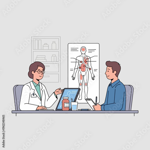 Doctor consulting patient about body pain and health condition on laptop screen