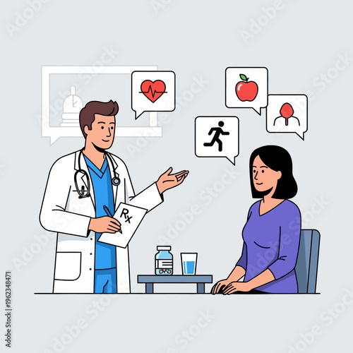 Doctor consulting patient about healthy lifestyle, heart, exercise, and diet