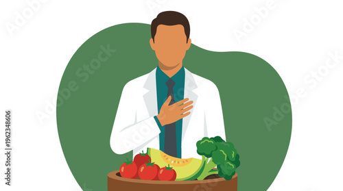 Medical professional advocating healthy lifestyle with fresh fruits and vegetables
