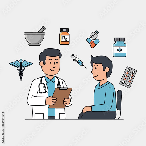 Doctor consulting patient with medical symbols, healthcare concept