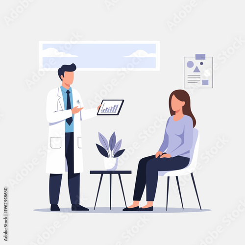 Doctor consulting patient with tablet in modern clinic office