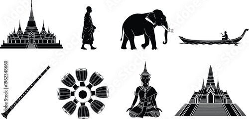 Black and white Thai culture icon set featuring Buddhist temples monk silhouette elephant longtail boat traditional dancer flute and drums for travel and heritage