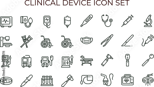 Clinical device outline icon set with hospital diagnostic monitoring equipment symbols for healthcare apps dashboards interfaces presentations education materials