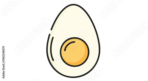 A cartoon depiction of a halved boiled egg, showcasing the yolk inside the white, with outlines in black