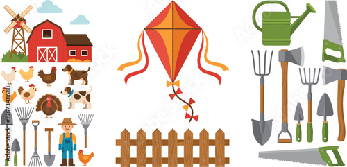 Farm Life and Gardening Tools Vector Set with Barn, Animals, Windmill, Fence, and Outdoor Equipment for Rural Living