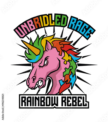 Aggressive Pink Unicorn with Colorful Mane and Horn Grinning Fiercely with Text Isolated on Transparent Background Best Selling T-shirt Design