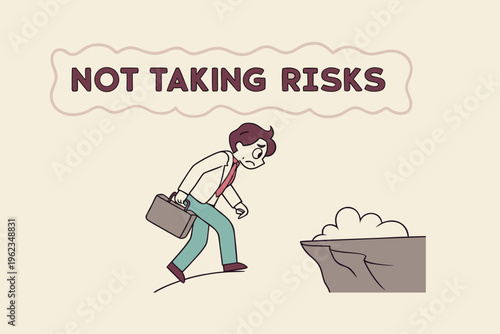 Conceptual cartoon of a businessman hesitating at a cliff edge, symbolizing fear of failure and the importance of taking risks for career growth and success.