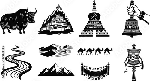 Black and white Tibetan cultural icon set featuring yak mountain village buddhist stupa prayer bell river sand dunes camel caravan flags and prayer wheel